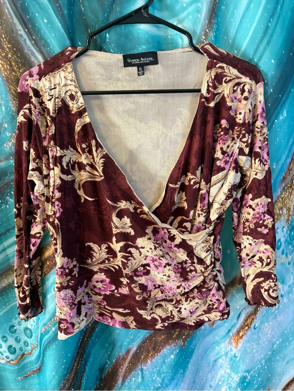 Sharon Anthony Burgundy Floral Surplice Blouse
